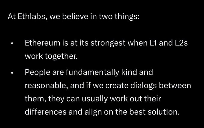 A presentation slide from Ethlabs outlining two core beliefs: that Ethereum thrives when L1 and L2s collaborate, and that open dialogue helps people find common ground on the best solutions—values that align with the post's optimism about Ethereum's unified ecosystem across all layers.