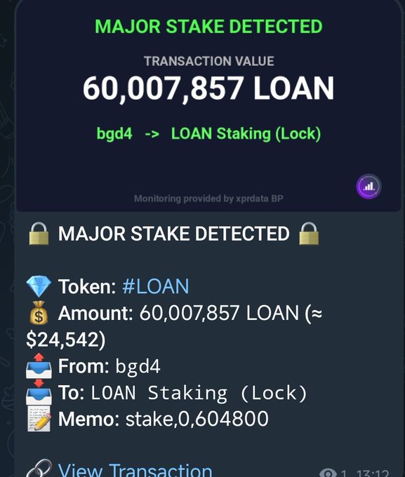 A notification showing "MAJOR STAKE DETECTED" for a transaction of 60,007,857 LOAN tokens from account "bgd4" to "LOAN Staking (Lock)", valued at approximately $24,542.