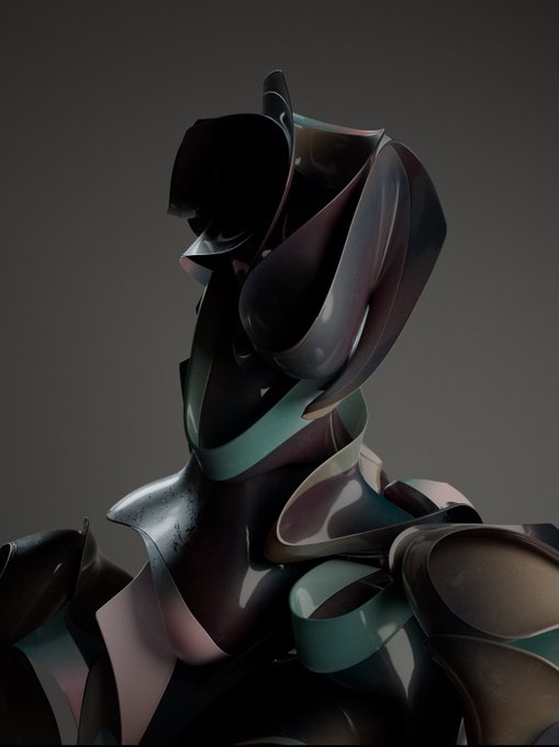 An abstract 3D rendering of twisted, glossy ribbon-like forms in dark purple, teal, and metallic tones against a gradient gray background.