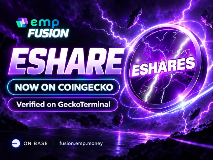 Neon-styled promotional banner for 'emp FUSION' announcing 'ESHARE NOW ON COINGECKO - Verified on GeckoTerminal', featuring purple lightning effects with 'ON BASE' and 'fusion.emp.money' at the bottom.