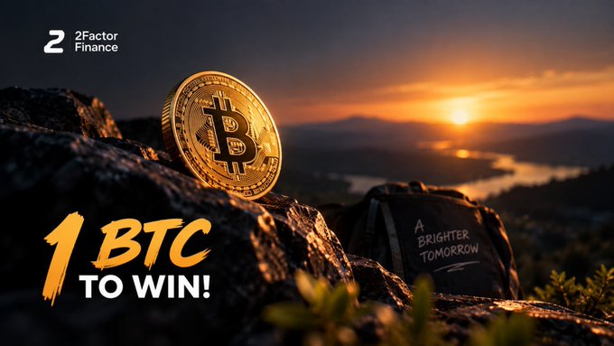 A promotional graphic for "2Factor Finance" featuring a Bitcoin coin on rocks at sunset with the text "1 BTC TO WIN!" and "A BRIGHTER TOMORROW" on a bag.