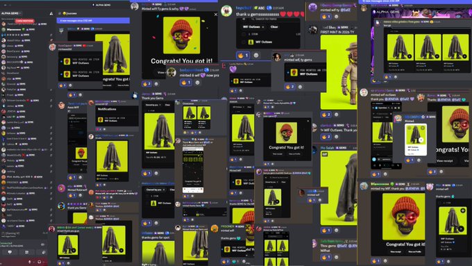 A collage of multiple Discord screenshots showcasing community reactions to the "RobinWifHat" NFT launch, featuring repeated images of a skull in an orange beanie and green-clad figure alongside congratulatory messages like "Congrats! You got it!" The visuals celebrate the token's 10x price increase from 0.016 ETH to 0.164 ETH, capturing the excitement of members receiving their hats on launch day.
