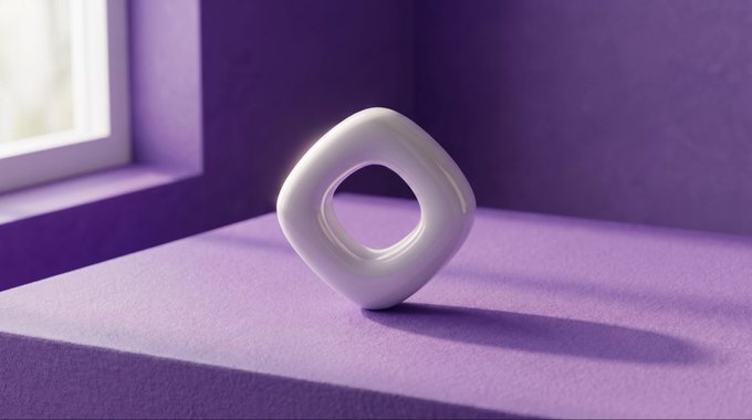 A smooth, white, rounded geometric sculpture with a circular hole in the center sits on a purple textured surface near a window with natural light.