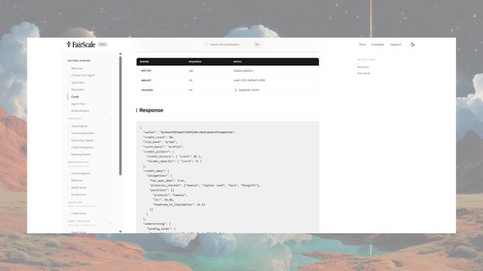 Screenshot of FairScale API documentation showing a sample response JSON with reputation scores and metrics for Solana wallets.