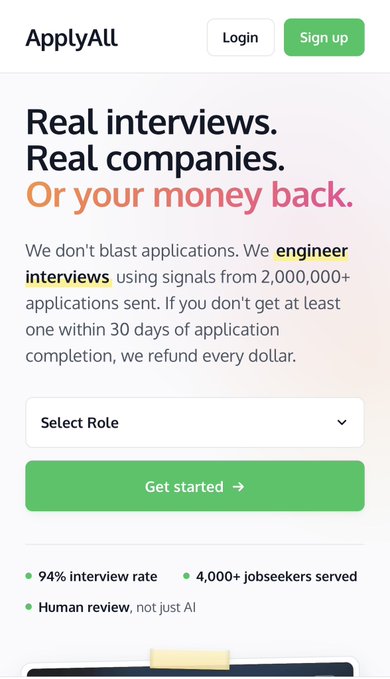 A screenshot of the 'ApplyALL' website advertises 'Real interviews. Real companies. Or your money back.', highlighting 'engineer interviews' and offering a role selection menu.