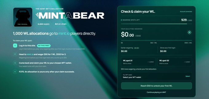 A webpage for 'THE MINT NFT COLLECTION' featuring 'MINT A BEAR' with a profile picture, showing 4,444 supply and instructions for a WL (whitelist) allocation, including a step to 'Log in to this site' and hold/wager requirements to claim.