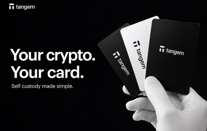 A hand displays three Tangem crypto wallet cards (black, white, and black) with the "tangem" logo, accompanied by the tagline "Your crypto. Your card. Self custody made simple." The image visually reinforces the post's message about Tangem's compact, card-based approach to crypto storage that eliminates bulky hardware and complex setups.