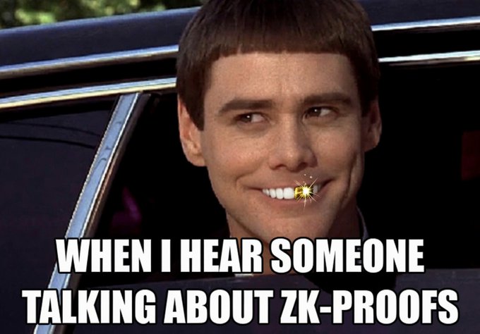 A meme featuring Jim Carrey from "Dumb and Dumber" smiling broadly with a lit cigarette, captioned "WHEN I HEAR SOMEONE TALKING ABOUT ZK-PROOFS," suggesting enthusiastic interest in zero-knowledge proof technology. This aligns with the post's emphasis on privacy and compliance through $NIGHT, as ZK-proofs are cryptographic methods used to enable private yet verifiable transactions.