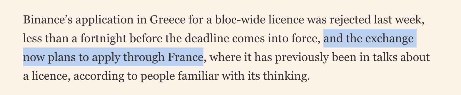 A snippet from a Financial Times article highlights Binance's rejection of its EU-wide licence application in Greece, with the highlighted text noting the exchange now plans to seek MiCA approval through France instead—aligning with reports of Binance's strategic pivot to French regulators for EU compliance.