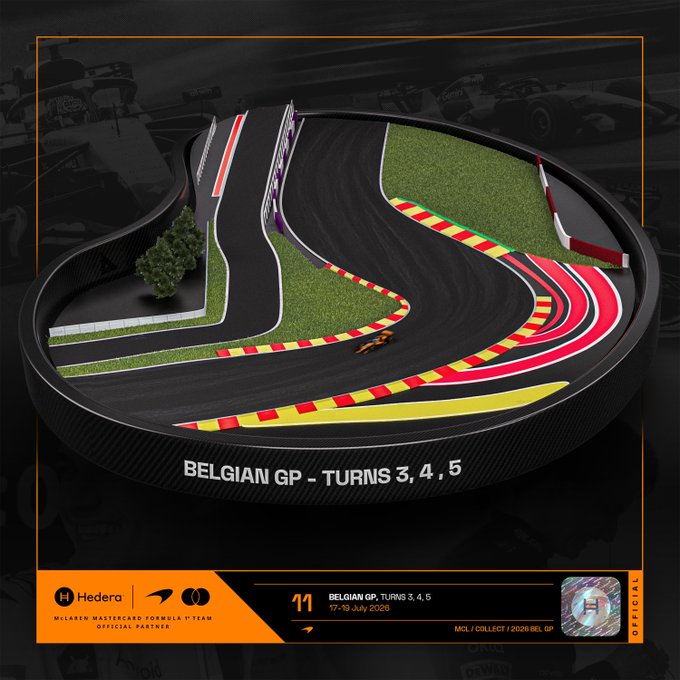 A 3D-rendered collectible display showing a Formula 1 track section labeled 'BELGIAN GP - TURNS 3, 4, 5' with an orange race car, branded with 'Hedera', McLaren Mastercard Formula 1 Team logos, '17-19 July 2026', and 'McL | COLLECT | 2026 BEL GP'.