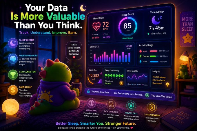 The image features a cartoon dinosaur sitting on a bed with a computer screen displaying various sleep-related data such as heart rate, sleep duration, and sleep quality. The text above the image reads "Your Data is more valuable than you think." This statement emphasizes the importance of understanding and utilizing personal data for better decision making in areas like sleep improvement. The post also mentions that building habits first can lead to a more rewarding experience with improved sleep patterns.