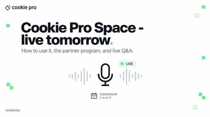 The image is a promotional graphic for "Cookie Pro Space" going live tomorrow, featuring a microphone icon with sound waves, a green "LIVE" badge, and a calendar indicating "TOMORROW" on X. It visually reinforces the post's announcement of a live audio session covering Cookie Pro's usage, partner program, and Q&A.