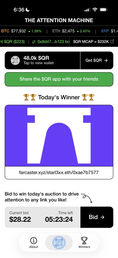A mobile app screenshot of 'THE ATTENTION MACHINE' displays cryptocurrency prices, a 48.0k $QR wallet balance, and a 'Today's Winner' section with a current bid of $28.22.