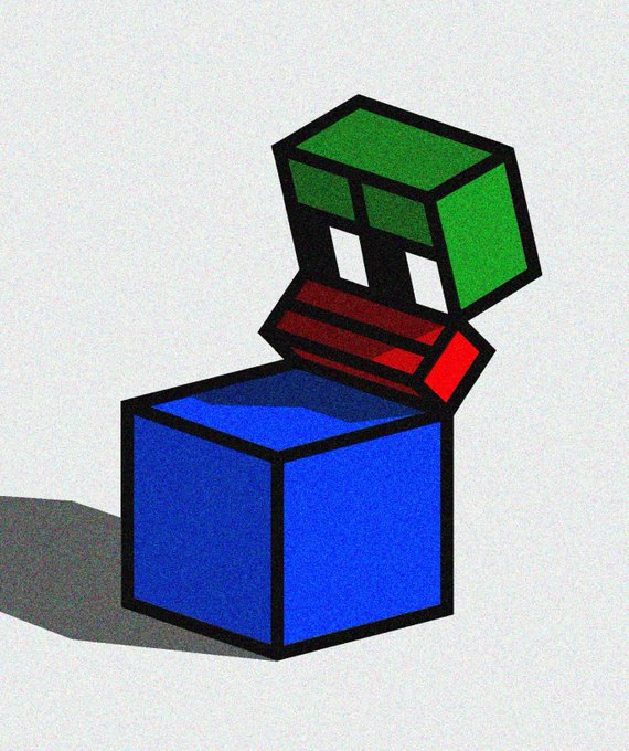 A stylized geometric illustration depicts a green cube with a sad face perched atop an open blue cube, appearing to be crying into it.
