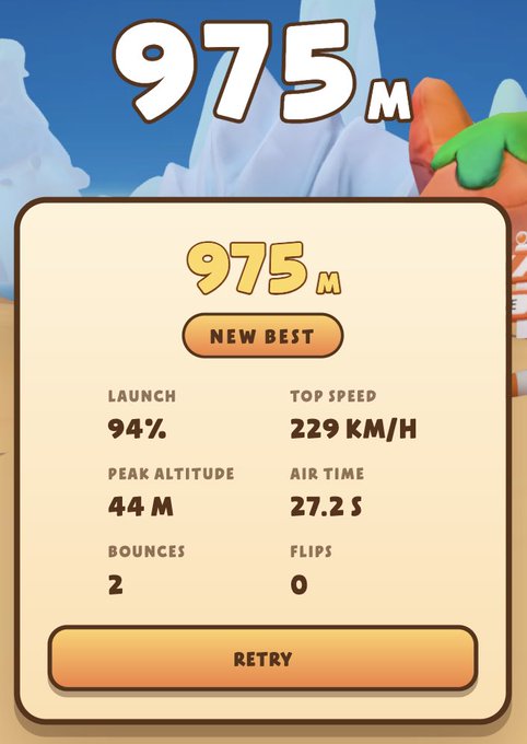 A mobile game results screen displays '975M' with a 'NEW BEST' badge, listing stats like Launch 94%, Top Speed 229 KM/H, and a 'RETRY' button.
