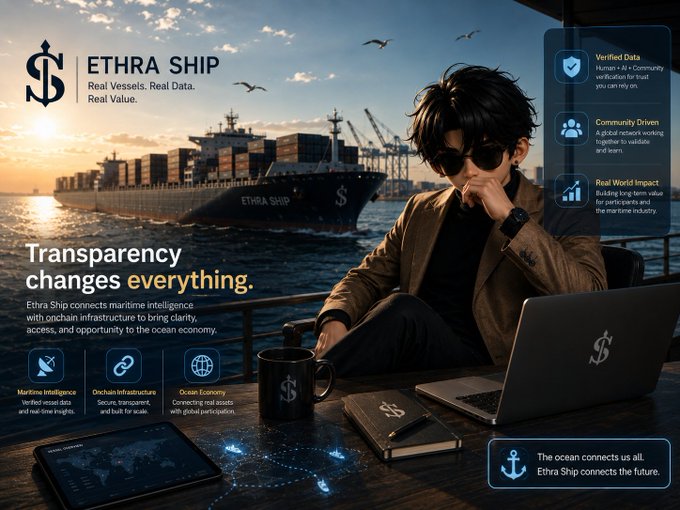A man wearing sunglasses works on an Ethra Ship laptop beside a branded mug, with a container ship labeled "ETHRA SHIP" sailing into a golden sunset behind him. The promotional graphic highlights Ethra Ship's mission of "Transparency changes everything" through verified maritime data, onchain infrastructure, and community-driven trust, reinforcing the post's theme of bringing accessible transparency to the shipping industry.