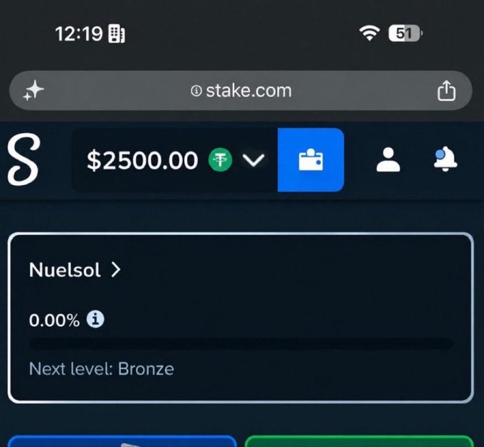 A mobile screenshot of stake.com showing a balance of $2500.00, a username 'Nuelsol' at 0.00% level with 'Next level: Bronze' displayed.