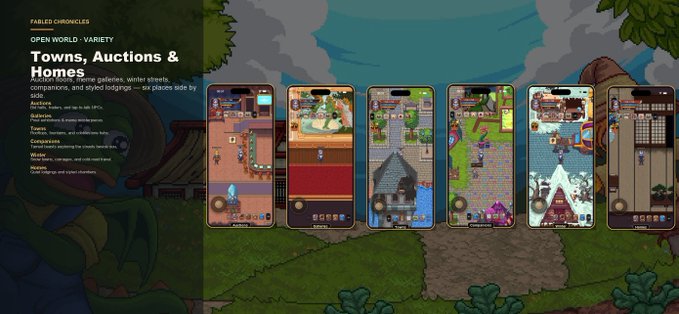 A promotional graphic for the game "Fabled Chronicles" highlighting "OPEN WORLD · VARIETY" and "Towns, Auctions & Homes" with six phone screens showing different pixel-art gameplay environments.