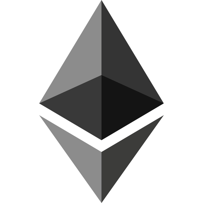 The Ethereum logo, a geometric diamond-like symbol composed of two pyramids in shades of gray and black on a white background.