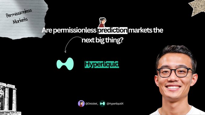 A presentation slide asking 'Are permissionless prediction markets the next big thing?' featuring the Hyperliquid logo, a portrait of a smiling man, and the Twitter handles @0xtobiet and @HyperliquidX.