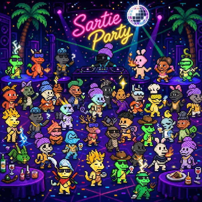 A vibrant pixel art illustration of a 'Sortie Party' with a disco ball, neon lights, and many colorful cartoon animal characters in party attire dancing in a club.