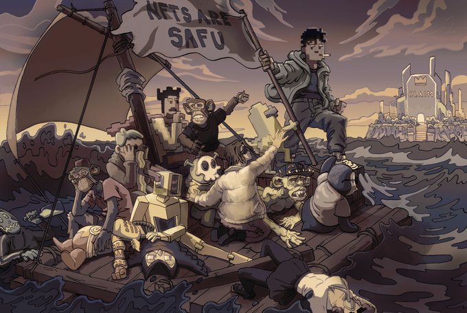 A cartoon-style illustration parodying 'The Raft of the Medusa' showing various NFT characters on a raft with a sail reading 'NFTS ARE SAFU,' heading toward a 'BAYC' city in the distance.