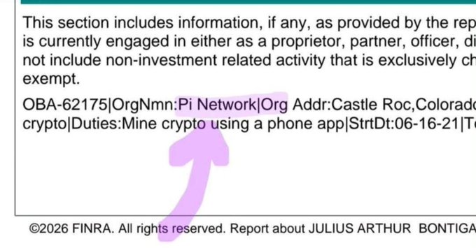 A FINRA report disclosure for Julius Arthur Bontiga lists an outside business activity with Pi Network (OBA-621750), described as "Mine crypto using a phone app" at Castle Rock, Colorado, starting 06-16-21—highlighted with a purple arrow, supposedly confirming Pi Network's appearance in an SEC/FINRA document.