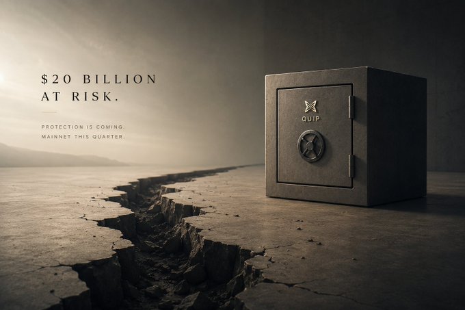 A promotional image featuring a safe labeled 'QUIP' next to a deep crack in the ground, with text reading '$20 BILLION AT RISK. PROTECTION IS COMING. MAINNET THIS QUARTER.'