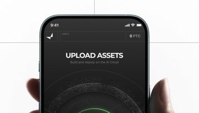 A hand holds a smartphone displaying an app interface with the "VANGRID" logo and the text "UPLOAD ASSETS: Build and deploy on the AI Cloud."