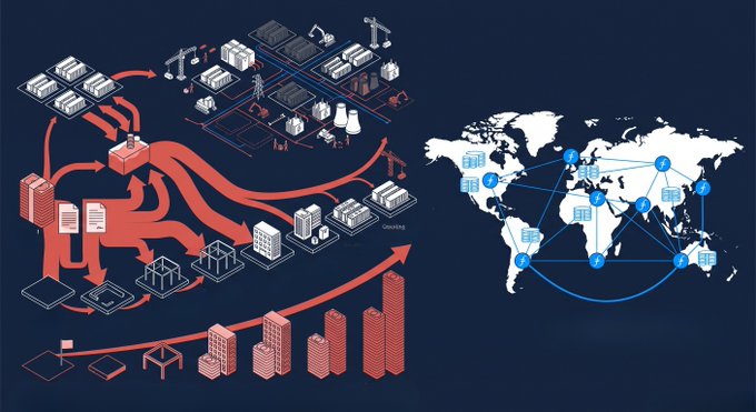 An infographic illustration showing data centers, servers, and infrastructure with red flow arrows on the left, and a world map on the right displaying blue connection lines and icons indicating a global network.