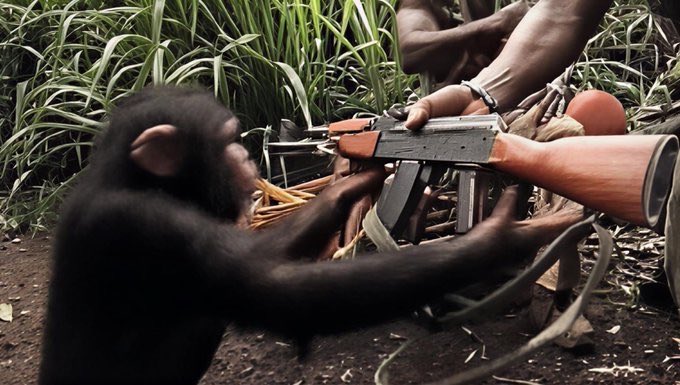 A chimp reaches for an AK-47 as another person holds it out, illustrating the risky, impulsive “all-in” behavior of gambling addicts discovering memecoins. No visible text, numbers, tickers, or names appear.