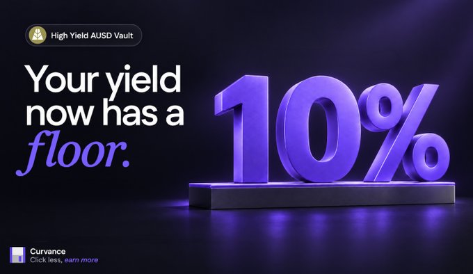 An advertisement for "High Yield AUSD Vault" by Curvance displays "Your yield now has a floor." alongside a large 3D "10%" sculpture on a dark background.