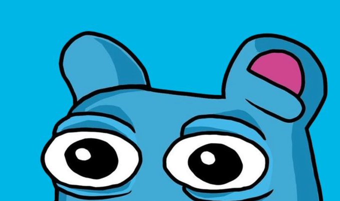 A close-up cartoon illustration of a blue character with large expressive eyes, representing Brett the meme character. The image directly relates to the post, which expresses nostalgia for $BRETT meme coin supporters on the Base blockchain and its original community-driven meme culture.