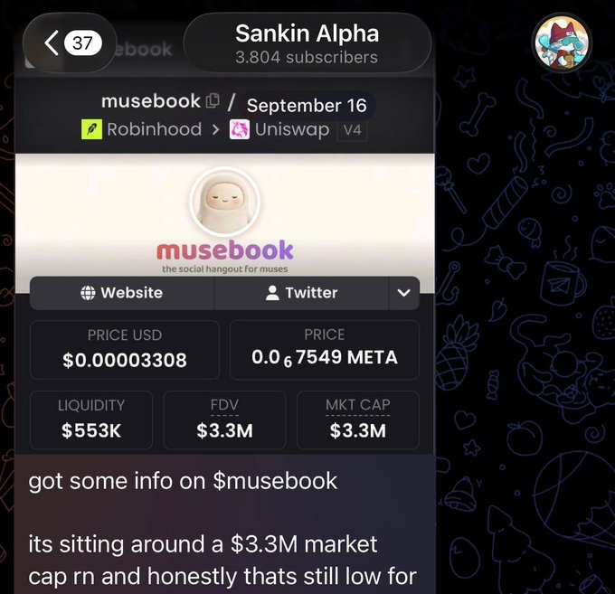A Telegram screenshot from "Sankin Alpha" channel (3,804 subscribers) shared on September 16, showing a breakdown of the $musebook token's market stats via Robinhood and Uniswap, including a price of $0.00003308, liquidity of $553K, and a market cap of $3.3M. The accompanying caption highlights a trader who called $MUSEBOOK at a $3M market cap before it surged 1,400%, reinforcing why the subscriber base should follow this channel's insights.