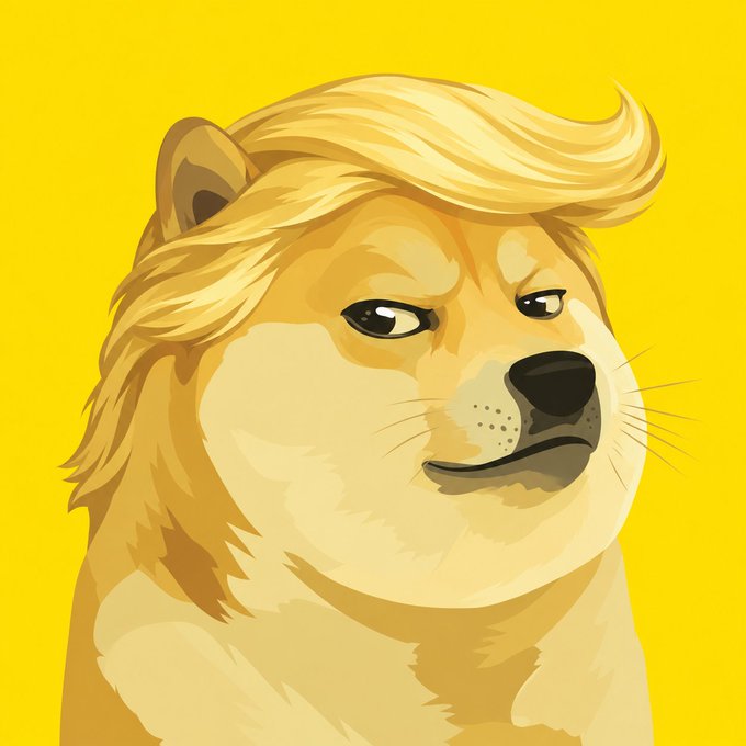 An illustrated portrait of a Shiba Inu dog (known as the Doge meme) with a blonde swept-back hairstyle, set against a bright yellow background.