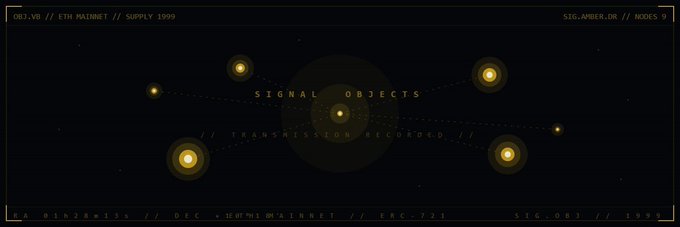 "We are pleased to announce our latest collaboration with @SIGNAL_OBJECTS signals from deep space. each transmission unique. on-chain forever. mint date: ba 9 am mo 10 pm. Mint price: 8 GTD. Each object has its own distinct signature."