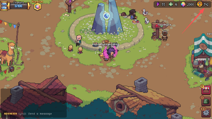 The image shows a cartoon-style map of a village with various buildings and characters. A small pink bird is located near the center of the scene. In the top left corner, there's an arrow pointing towards the bottom right corner, indicating that the player has spent 120U (120 tokens) in the game. The post also mentions that the player has 742 BCN tokens, which can be used to purchase items or upgrade their character. It is suggested that the player should aim for a break even point of 65 million coins to get the maximum reward from this game.