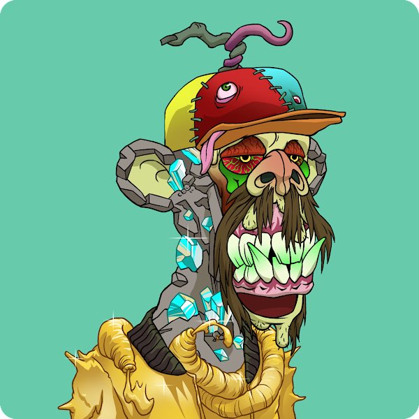 A grotesque, cartoon-style illustration shows a fearsome mutant figure with a colorful stitched hat featuring an extra eye, a beard made of crystals, sharp jagged teeth, and a tattered yellow body, set against a teal background. The monstrous character serves as a visual representation of a "M2 mutant" NFT minted five years ago, embodying the bizarre and intimidating aesthetic typical of Mutant Ape-style collectibles.