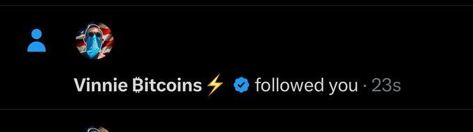 A social media notification showing 'Vinnie Bitcoins' with a lightning bolt emoji and a verified checkmark, indicating they followed the user.