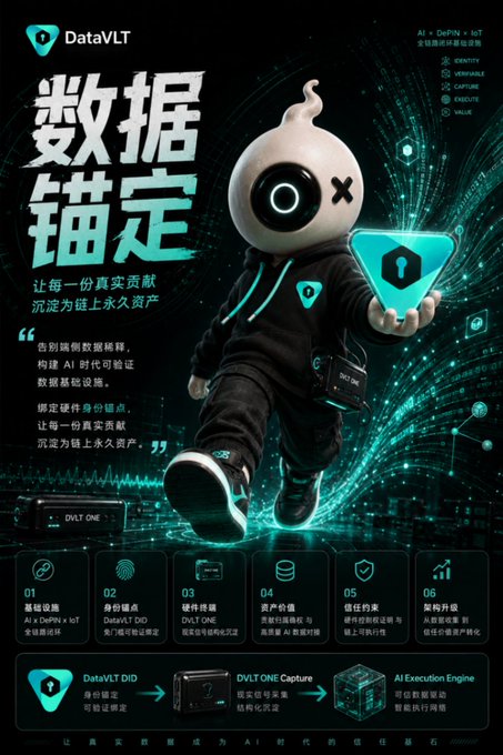The image is a promotional graphic for "DataVLT," featuring a stylized cyber-themed character holding a glowing teal shield, with the tagline "数据锚定" (Data Anchoring) prominently displayed alongside text explaining how the platform verifies AI-era data infrastructure by binding hardware identity to data assets on the "DVLT ONE" device. The visual reinforces the accompanying post's message about the historical disconnect between identity, devices, and data in DePIN and on-chain AI protocols, as DataVLT presents itself as the solution that anchors real machine data as permanent on-chain assets through its DataVLT DID, DVLT ONE hardware, and AI Execution Engine.
