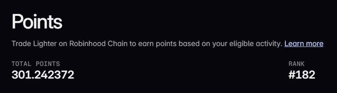 A dark interface displaying 'Points' for trading Lighter on Robinhood Chain, showing 'TOTAL POINTS 301.242372' and 'RANK #182'.