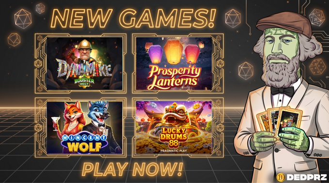 A promotional graphic featuring a cartoon Frankenstein-like character holding playing cards alongside four new slot game previews titled "Dynamite BoosterBelt," "Prosperity Lanterns," "Wincent Wolf," and "Lucky Drums 88," with neon text announcing "NEW GAMES!" and "PLAY NOW!" from "DEDPRZ."
