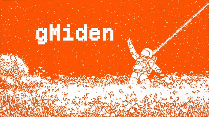 A pixel-art style graphic with an orange background showing an astronaut waving in a field of flowers, with the text 'gMiden'.