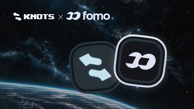 The image features a partnership announcement between "KNOTS" and "fomo," displayed against a starry galaxy backdrop, with their respective logos shown side-by-side and a stylized exchange icon in the center—visually representing the collaboration announced in the post.