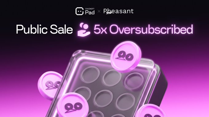 Promotional graphic for a cryptocurrency or NFT public sale titled 'Public Sale' by 'Pad x Pleasant' announcing it is '5x Oversubscribed,' featuring a 3D pad with circular tokens bearing cartoon faces against a purple gradient background.