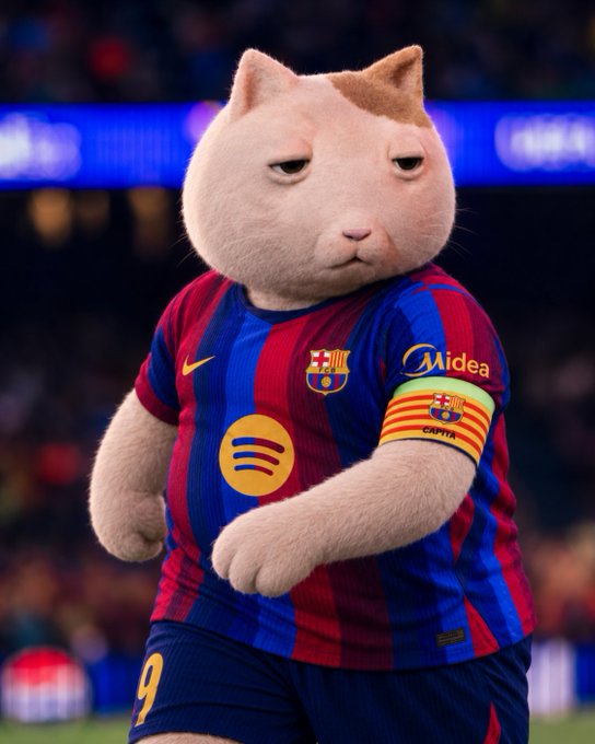 An AI-generated image features a grumpy-looking orange and white cat dressed in an FC Barcelona kit, complete with the "Midea" sponsor logo, team crest, captain's armband, and the number 9 on its shorts. The feline footballer serves as a playful, meme-style mascot tying into the upcoming "JET Barcelona" event countdown promoted in the post.

Text visible in image: "Midea," "BARÇA," "9"