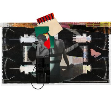 A surrealist collage artwork featuring a grayscale figure of a woman, a payphone, colorful geometric shapes, and a small pink butterfly.