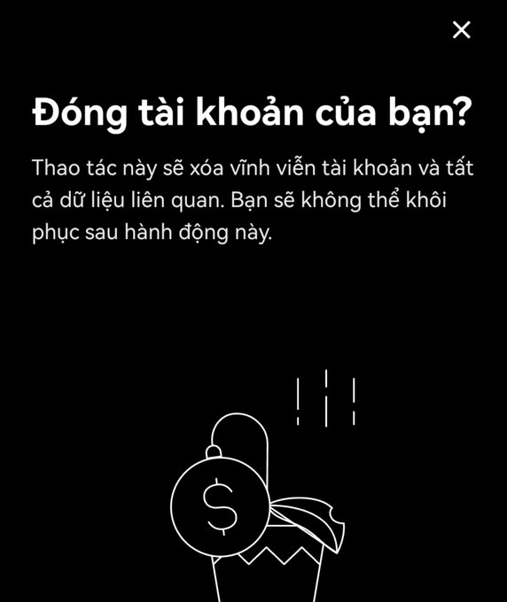 A dark pop-up modal in Vietnamese reading 'Đóng tài khoản của bạn?' (Close your account?) warning that the action will permanently delete the account and all related data, featuring an illustration of a money bag being broken.
