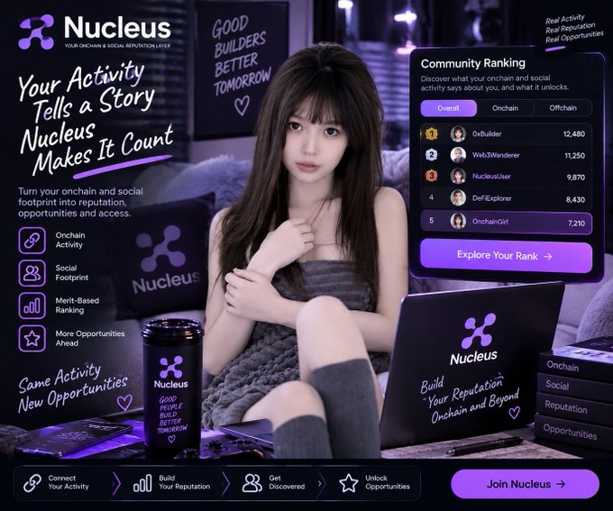 Promotional website for 'Nucleus - Your Onchain & Social Reputation Layer' featuring an AI-generated anime-style woman with a laptop, showing community rankings with users like 0xBuilder and DeFiExplorer, with the tagline 'Your Activity Tells a Story Nucleus Makes It Count'.