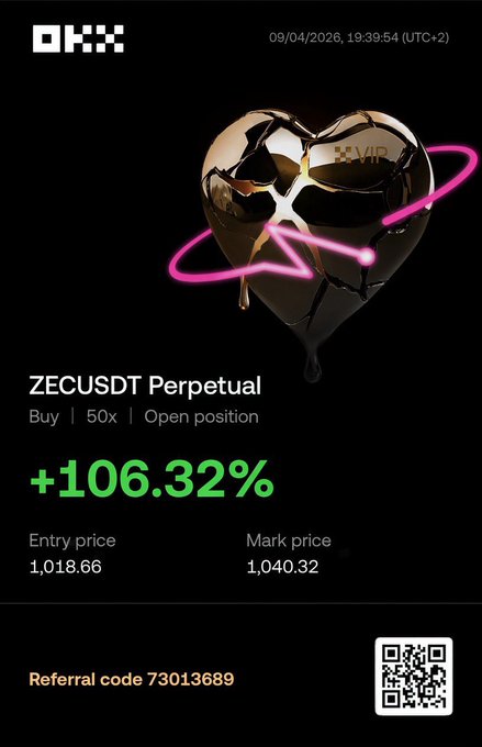 The image shows a OKX trading platform promotional graphic with a 3D golden heart and "VIP" branding, highlighting a ZECUSDT Perpetual buy position with 50x leverage showing a +106.32% profit, with an entry price of 1,018.66 and mark price of 1,040.32, dated 09/04/2026, and featuring referral code 73013689 alongside a QR code. The bold "+106.32%" gain visually reinforces the post's boast of a "100% success rate," using the dramatic golden heart and glowing arrow to frame this winning trade as proof of consistent profitability.